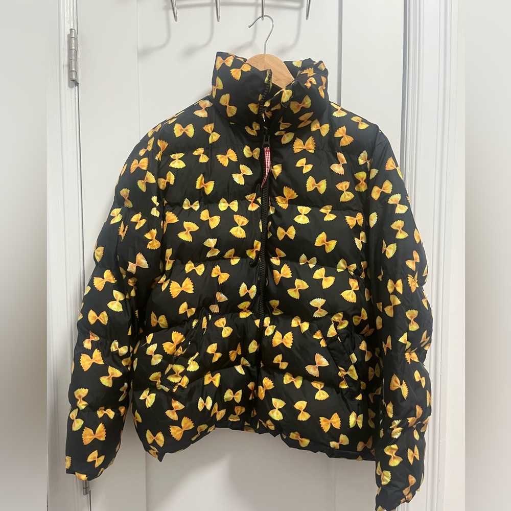 Rachel Antonoff Black Puffer Jacket with Yellow Pasta / Bowtie Print